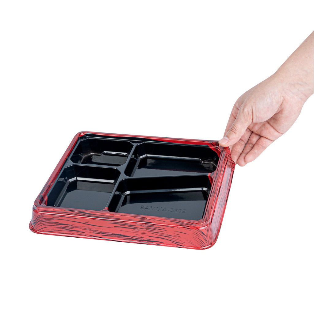 Bento Tek 19 oz Rectangle Red and Black Plastic Bento Box - 4 Compartments - 9 1/4" x 7 3/4" x 1 1/4" - 50 count box