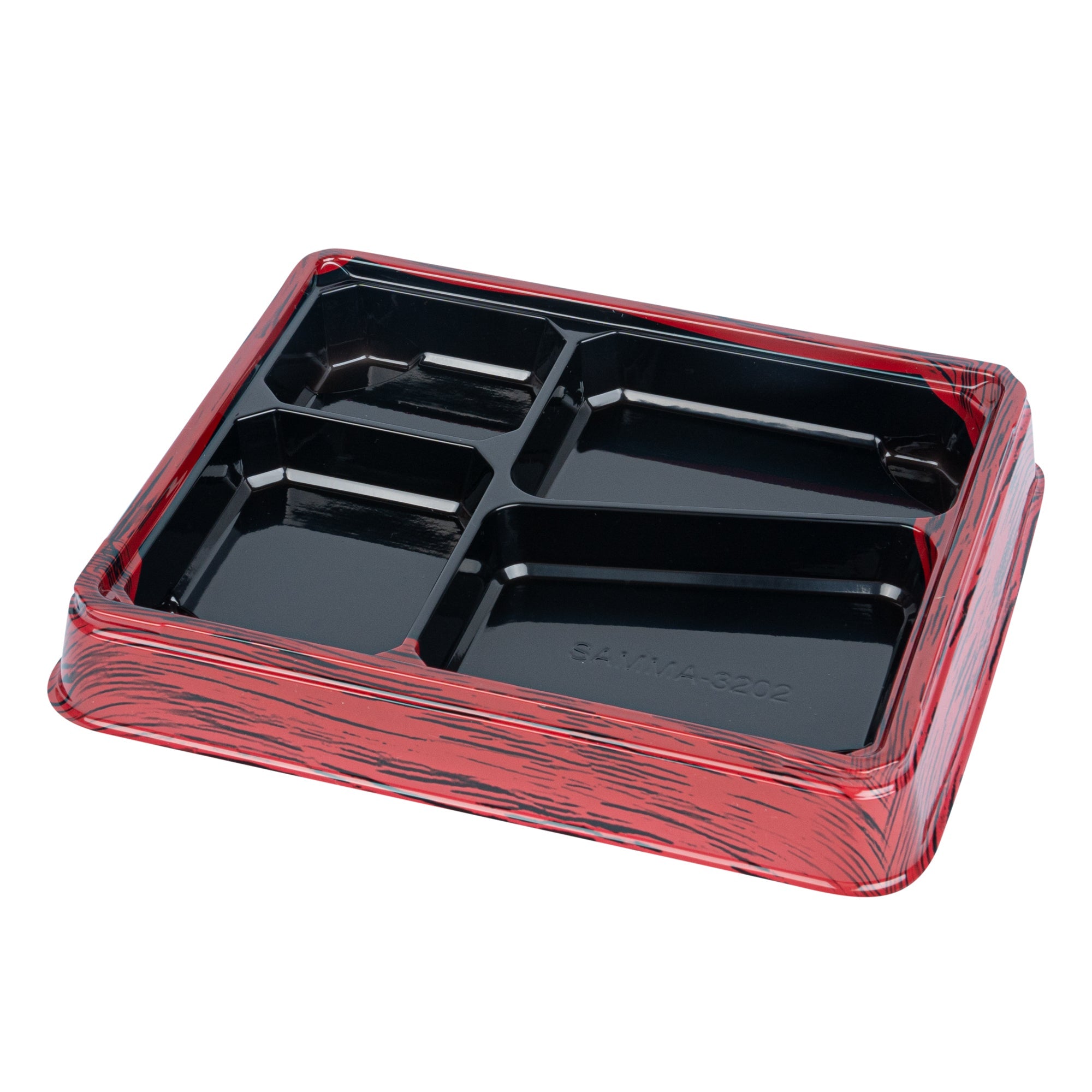 Bento Tek 19 oz Rectangle Red and Black Plastic Bento Box - 4 Compartments - 9 1/4" x 7 3/4" x 1 1/4" - 50 count box