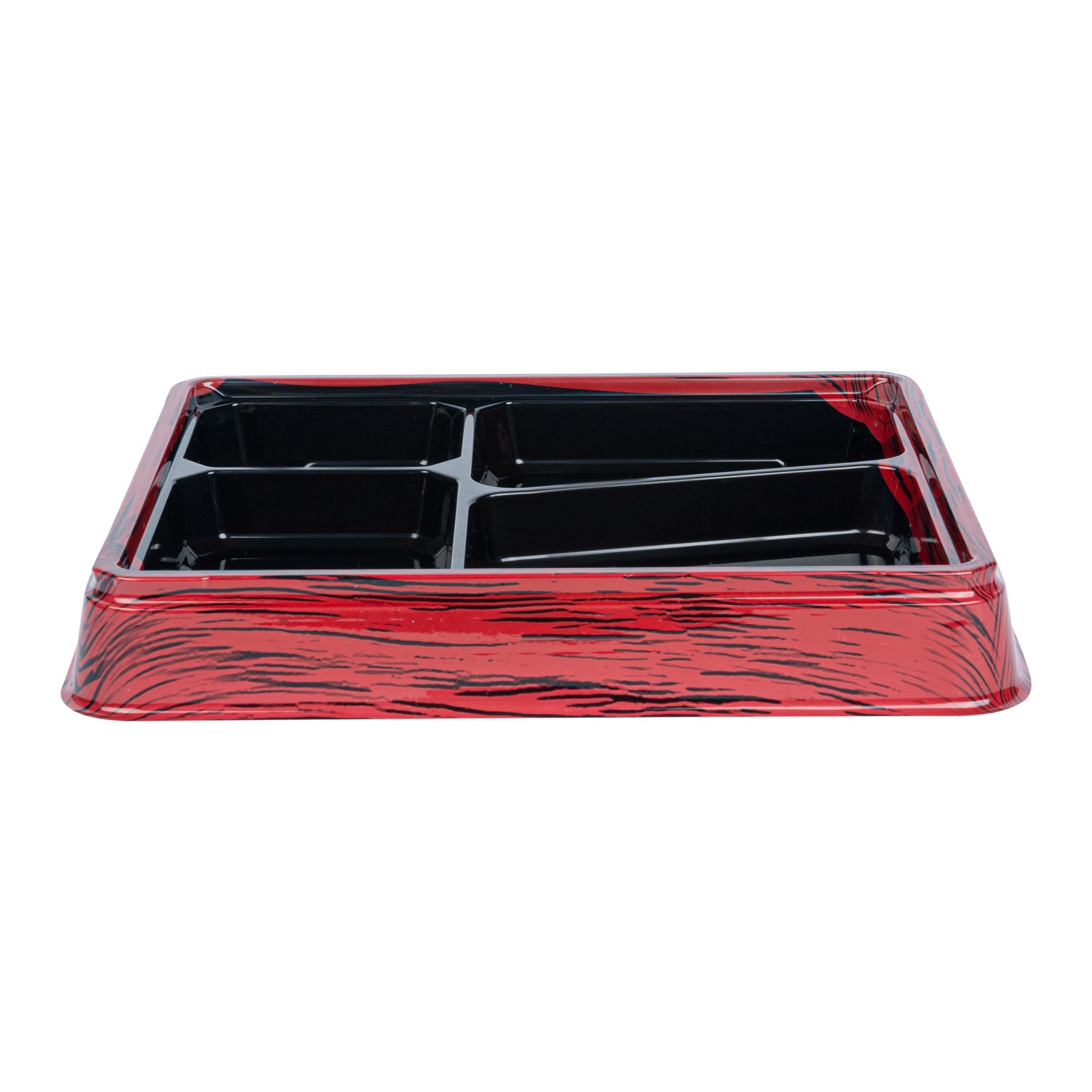 Bento Tek 19 oz Rectangle Red and Black Plastic Bento Box - 4 Compartments - 9 1/4" x 7 3/4" x 1 1/4" - 50 count box