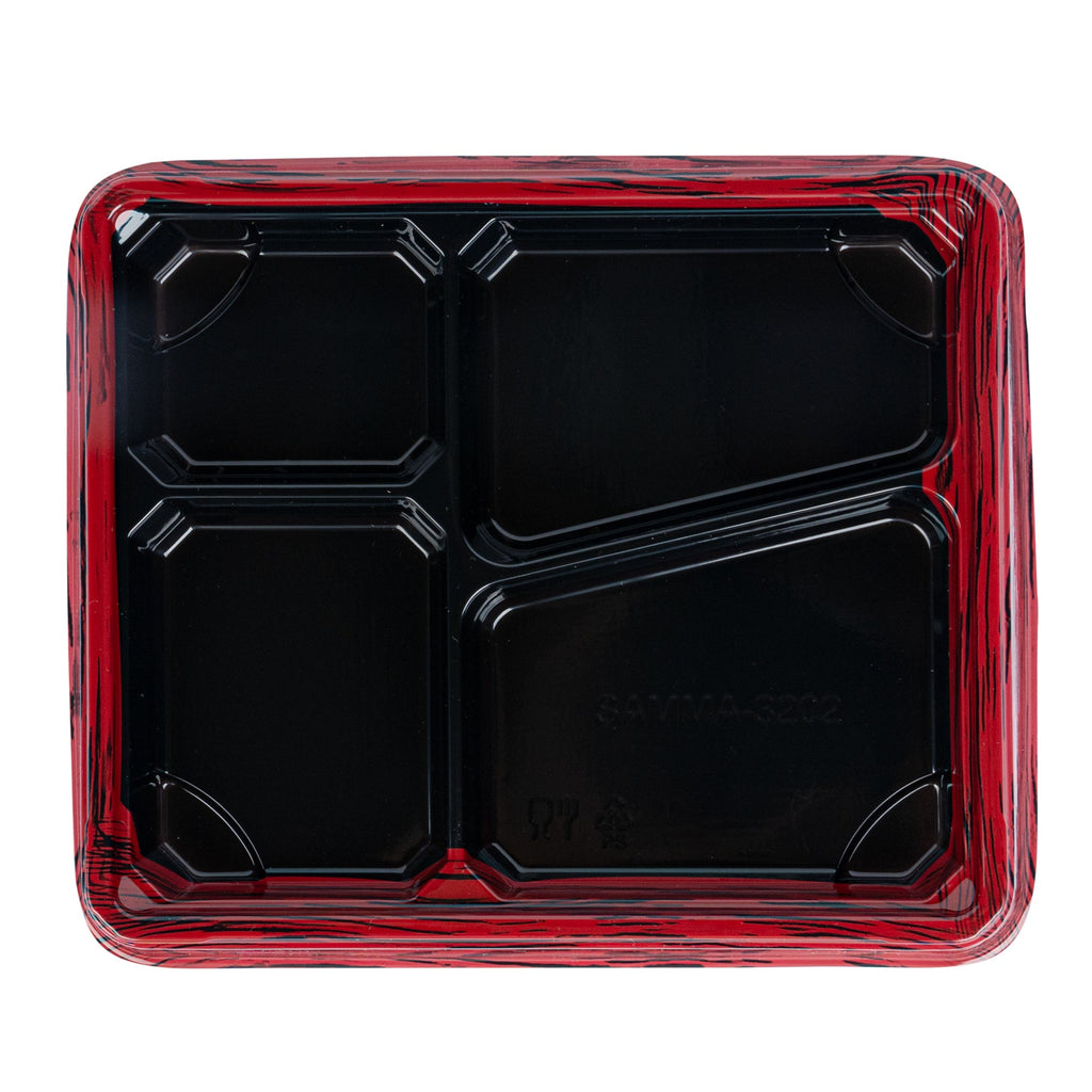 Bento Tek 19 oz Rectangle Red and Black Plastic Bento Box - 4 Compartments - 9 1/4" x 7 3/4" x 1 1/4" - 50 count box
