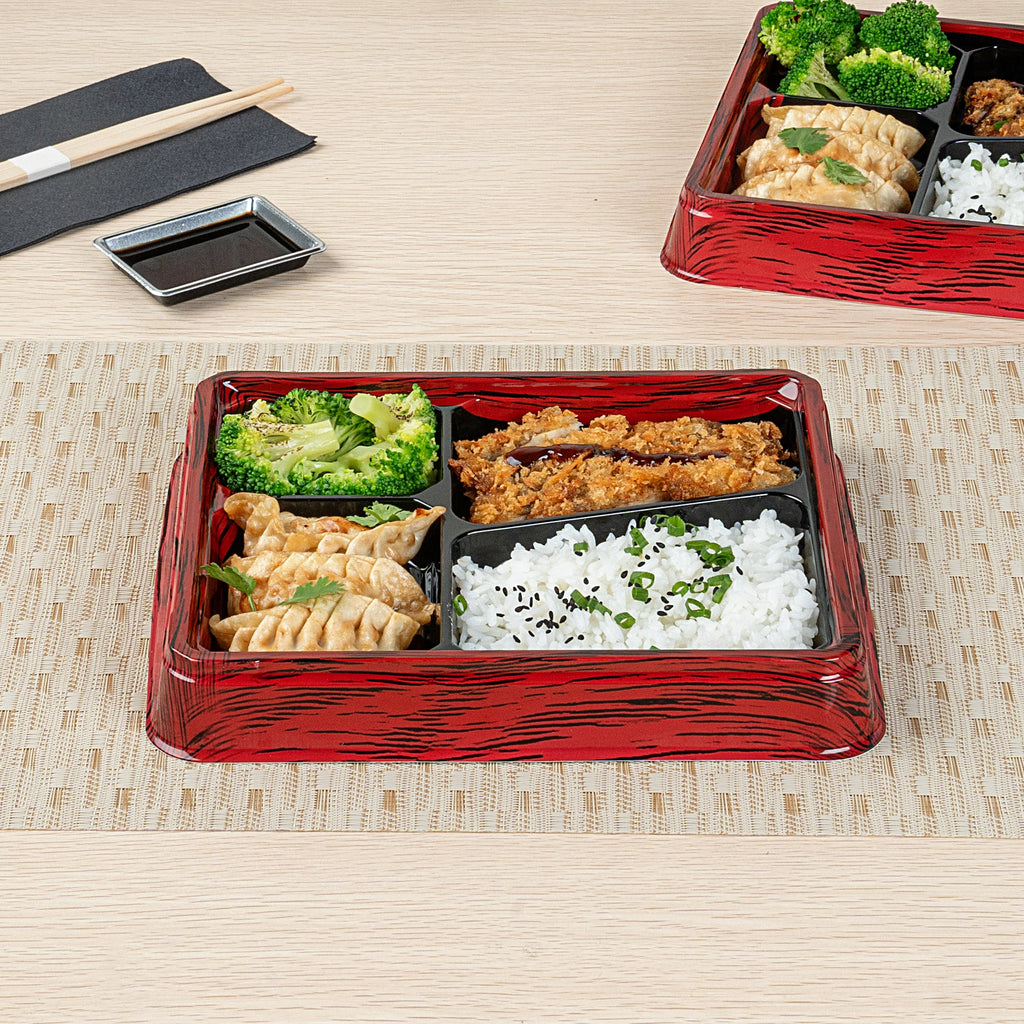Bento Tek 19 oz Rectangle Red and Black Plastic Bento Box - 4 Compartments - 9 1/4" x 7 3/4" x 1 1/4" - 50 count box