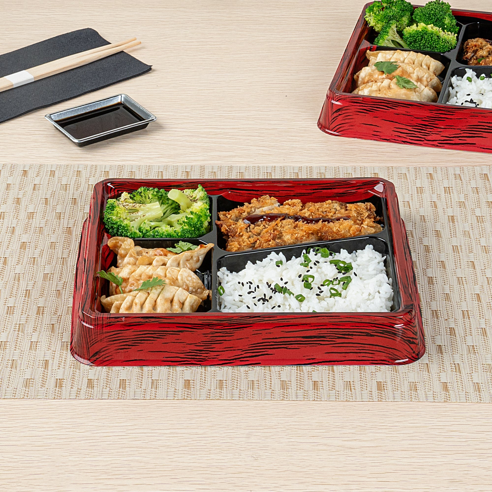 Bento Tek 19 oz Rectangle Red and Black Plastic Bento Box - 4 Compartments - 9 1/4" x 7 3/4" x 1 1/4" - 50 count box