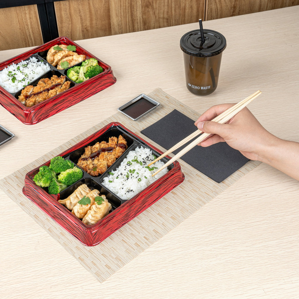 Bento Tek 19 oz Rectangle Red and Black Plastic Bento Box - 4 Compartments - 9 1/4" x 7 3/4" x 1 1/4" - 50 count box
