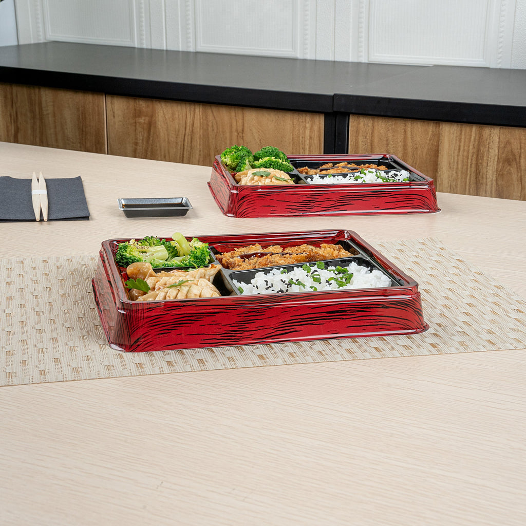 Bento Tek 19 oz Rectangle Red and Black Plastic Bento Box - 4 Compartments - 9 1/4" x 7 3/4" x 1 1/4" - 50 count box
