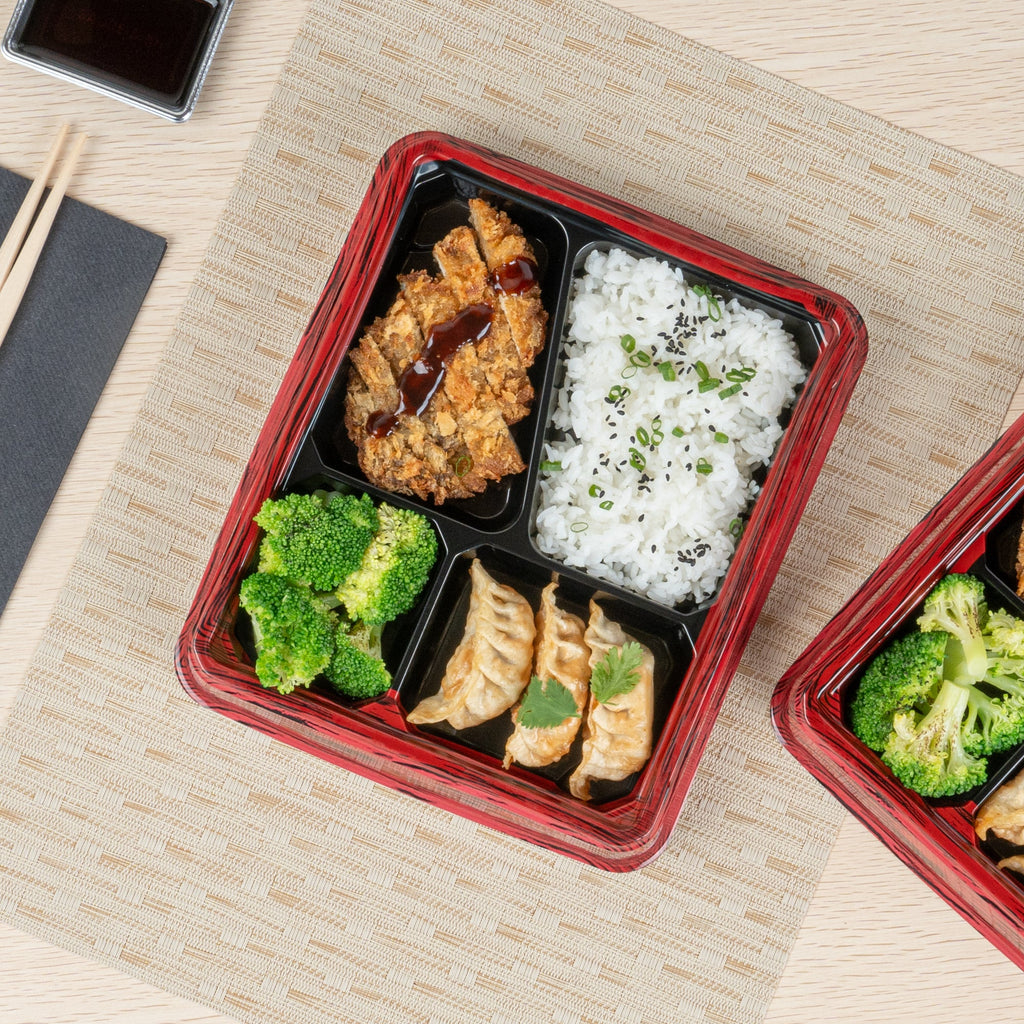 Bento Tek 19 oz Rectangle Red and Black Plastic Bento Box - 4 Compartments - 9 1/4" x 7 3/4" x 1 1/4" - 50 count box