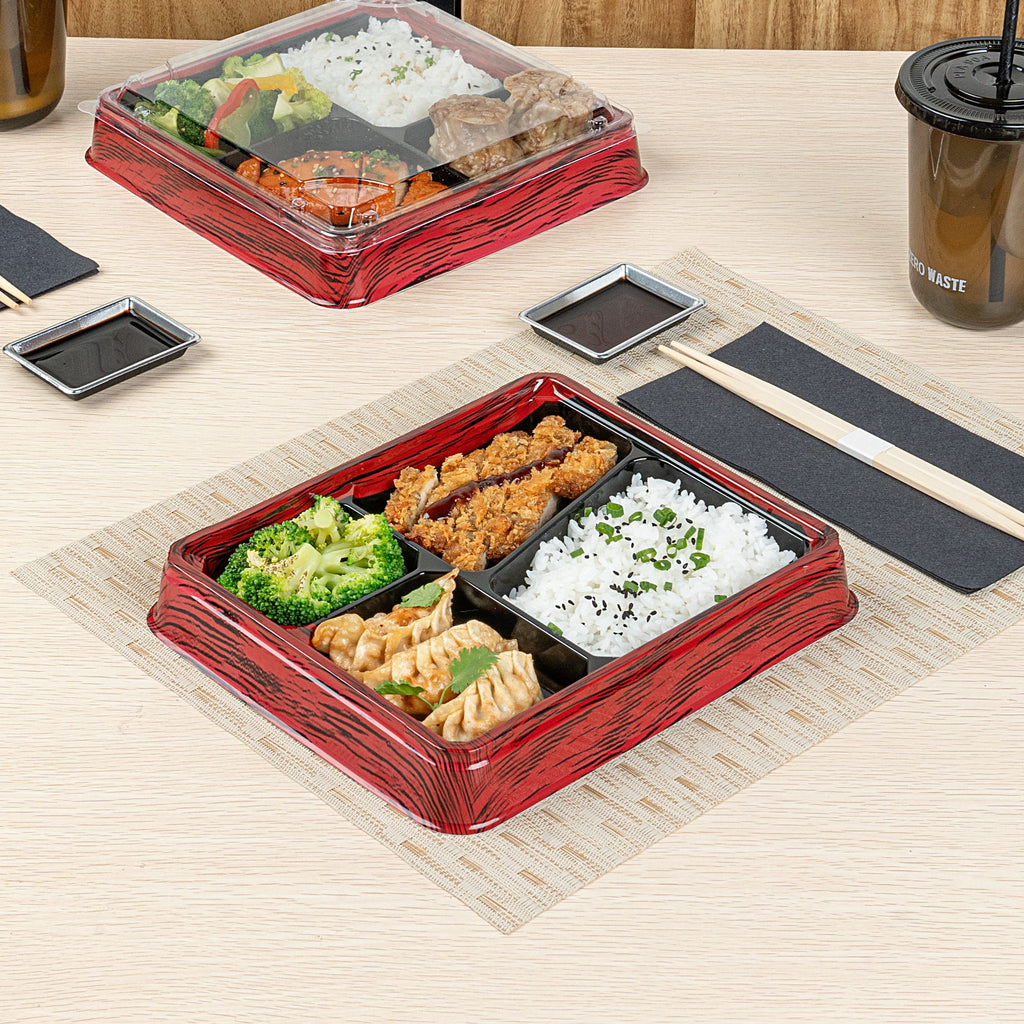 Bento Tek 19 oz Rectangle Red and Black Plastic Bento Box - 4 Compartments - 9 1/4" x 7 3/4" x 1 1/4" - 50 count box