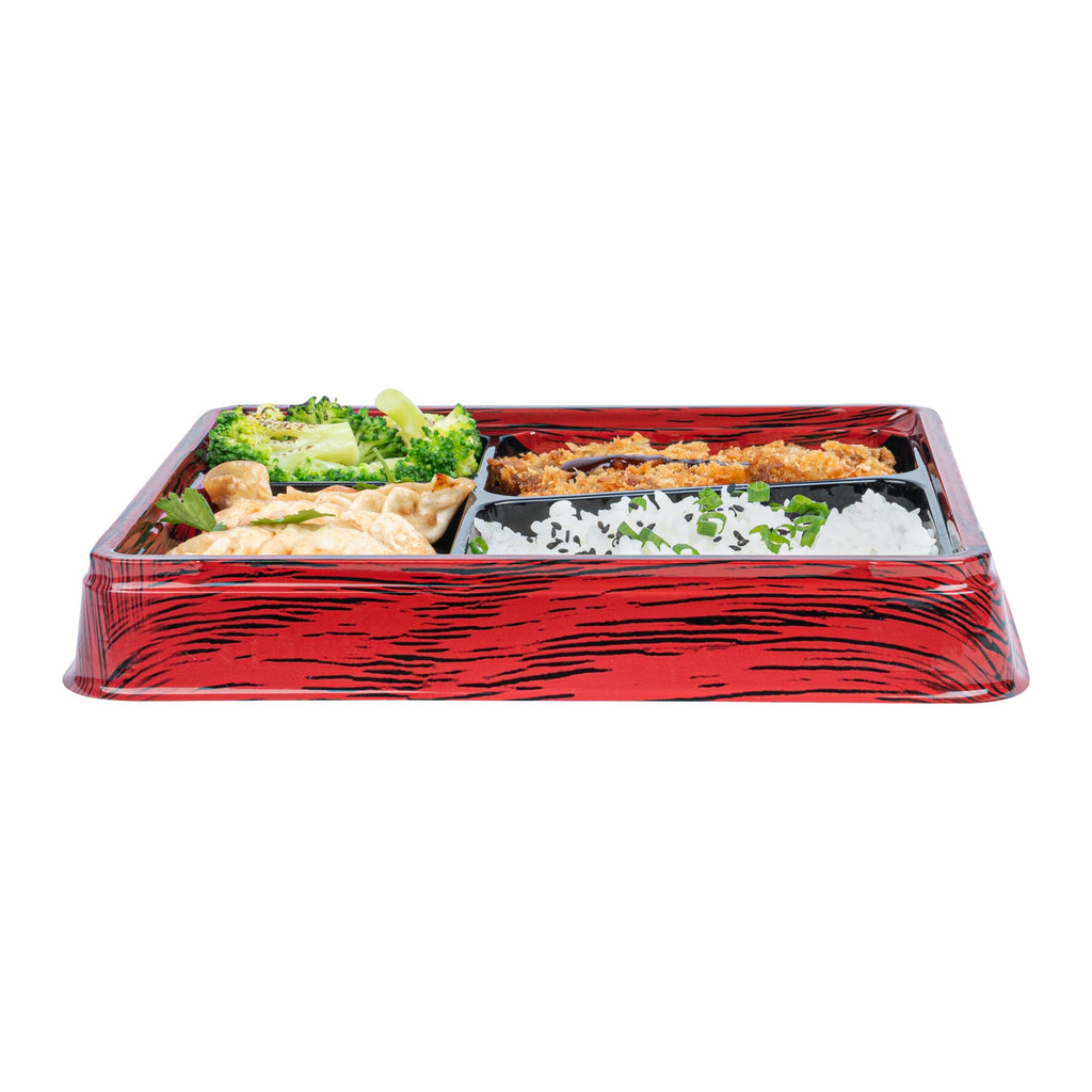 Bento Tek 19 oz Rectangle Red and Black Plastic Bento Box - 4 Compartments - 9 1/4" x 7 3/4" x 1 1/4" - 100 count box