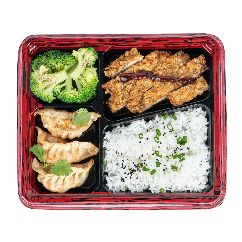 Bento Tek 19 oz Rectangle Red and Black Plastic Bento Box - 4 Compartments - 9 1/4" x 7 3/4" x 1 1/4" - 100 count box