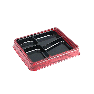 Bento Tek 19 oz Rectangle Red and Black Plastic Bento Box - 4 Compartments - 9 1/4" x 7 3/4" x 1 1/4" - 100 count box