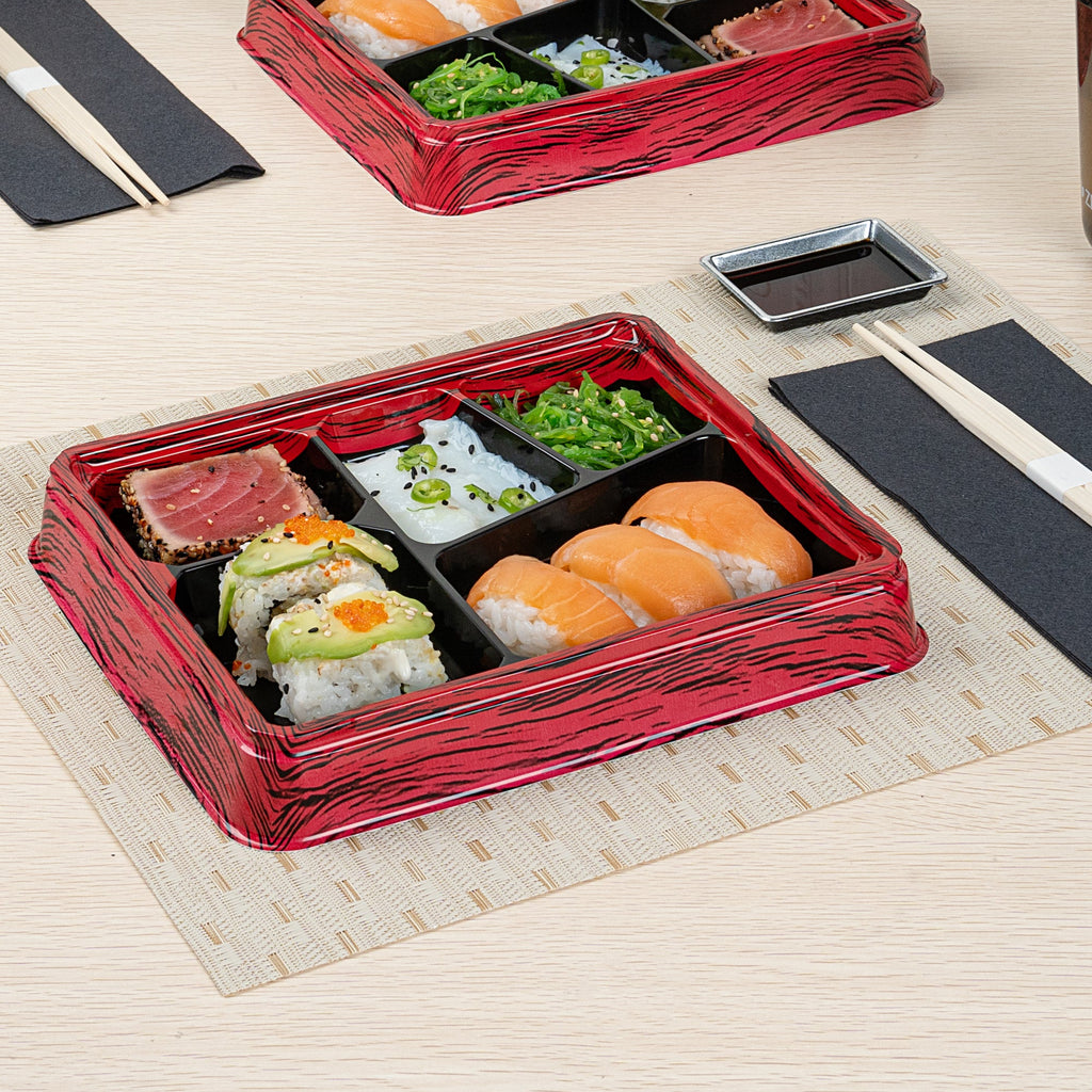 Bento Tek 18 oz Rectangle Red and Black Plastic Bento Box - 5 Compartments - 9 1/4" x 7 3/4" x 1 1/4" - 100 count box