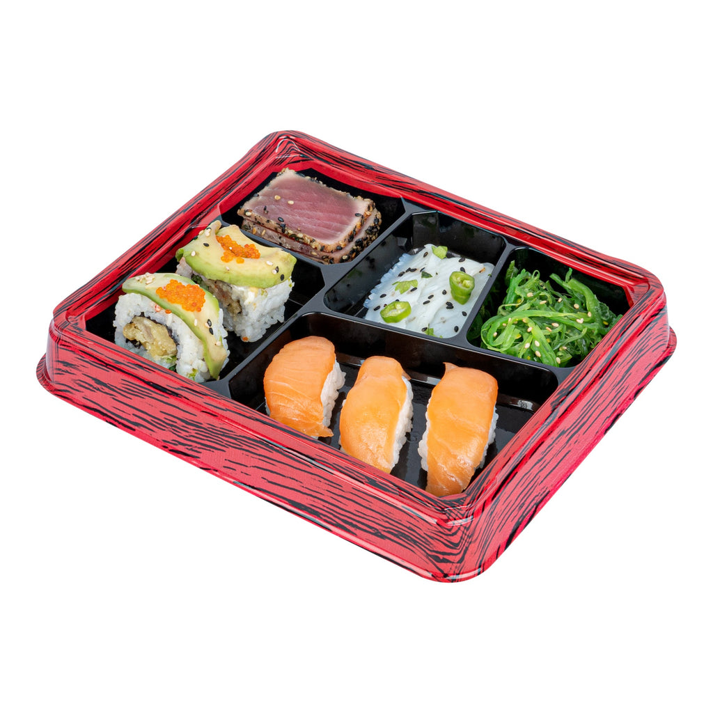 Bento Tek 18 oz Rectangle Red and Black Plastic Bento Box - 5 Compartments - 9 1/4" x 7 3/4" x 1 1/4" - 50 count box