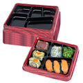 Bento Tek 18 oz Rectangle Red and Black Plastic Bento Box - 5 Compartments - 9 1/4" x 7 3/4" x 1 1/4" - 50 count box