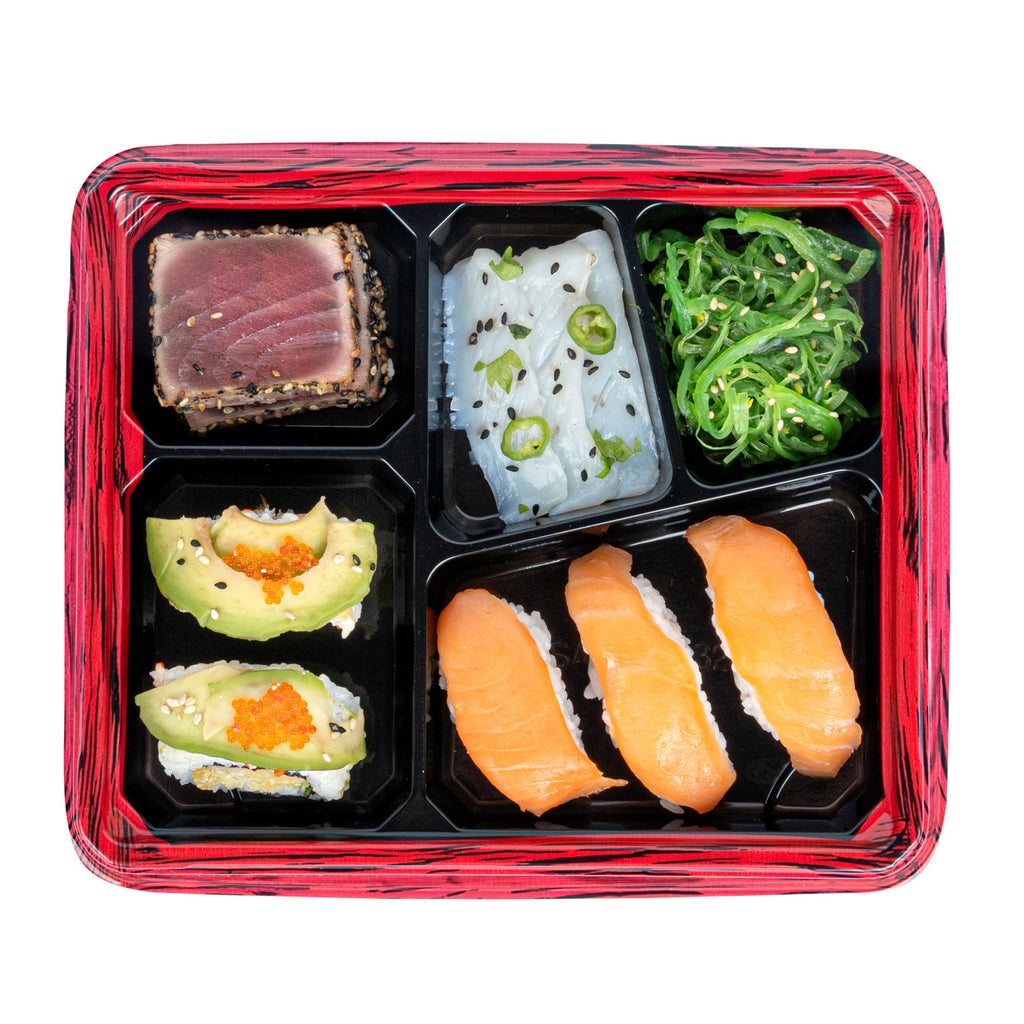 Bento Tek 18 oz Rectangle Red and Black Plastic Bento Box - 5 Compartments - 9 1/4" x 7 3/4" x 1 1/4" - 50 count box