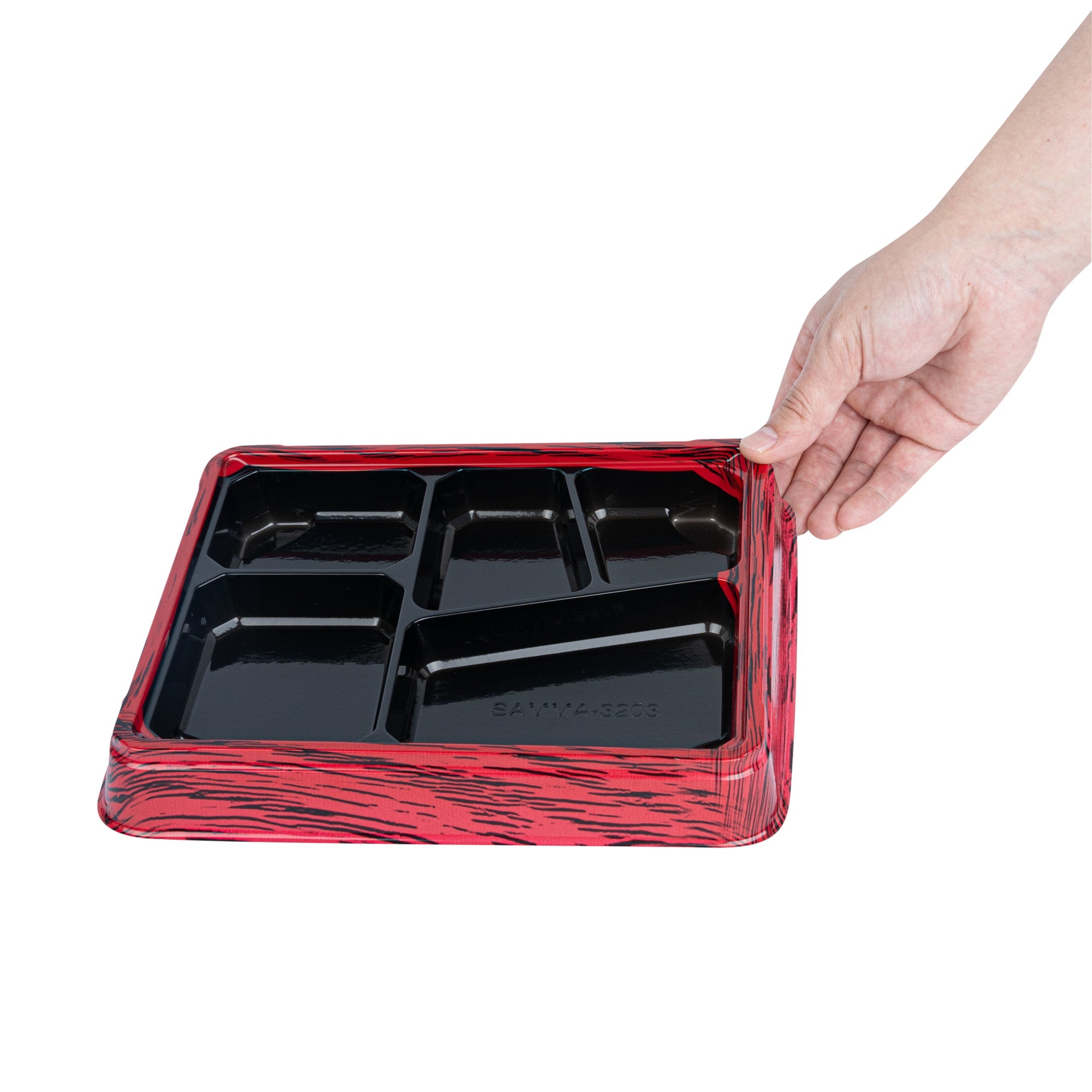 Bento Tek 18 oz Rectangle Red and Black Plastic Bento Box - 5 Compartments - 9 1/4" x 7 3/4" x 1 1/4" - 50 count box