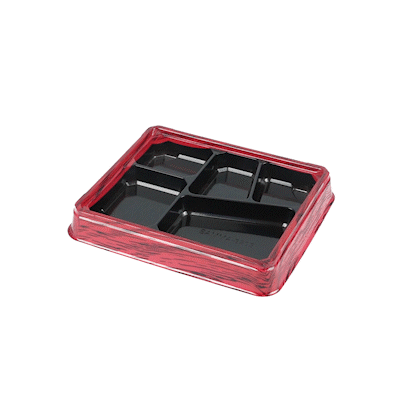 Bento Tek 18 oz Rectangle Red and Black Plastic Bento Box - 5 Compartments - 9 1/4" x 7 3/4" x 1 1/4" - 50 count box