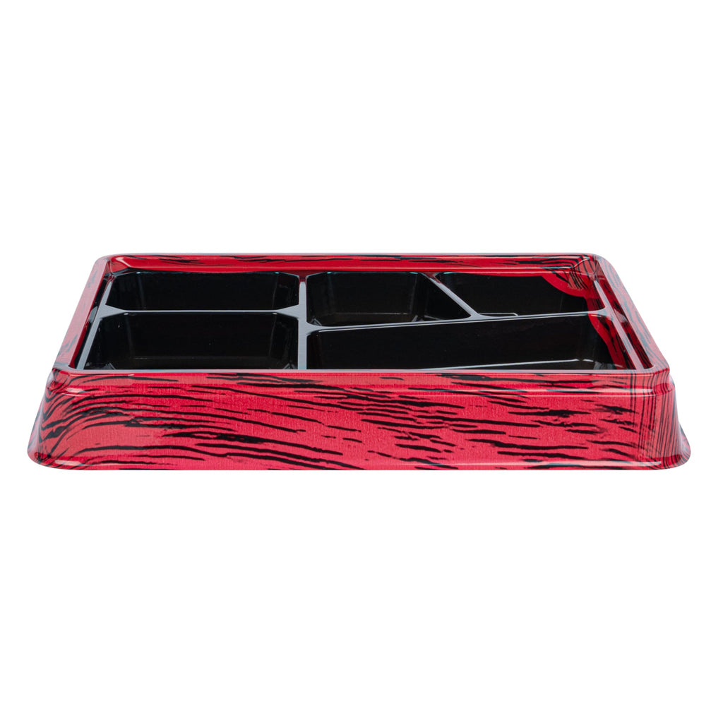 Bento Tek 18 oz Rectangle Red and Black Plastic Bento Box - 5 Compartments - 9 1/4" x 7 3/4" x 1 1/4" - 50 count box