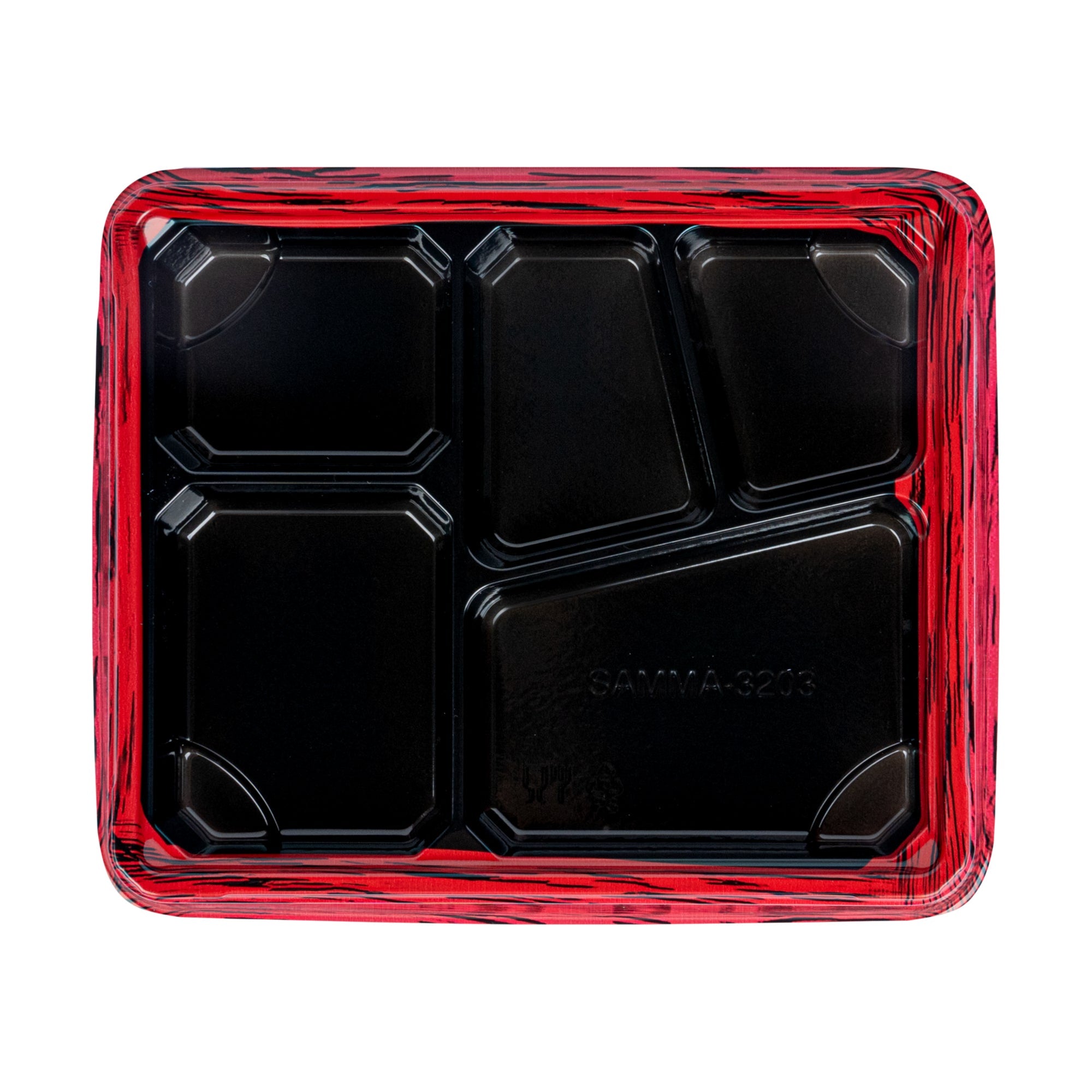 Bento Tek 18 oz Rectangle Red and Black Plastic Bento Box - 5 Compartments - 9 1/4" x 7 3/4" x 1 1/4" - 50 count box