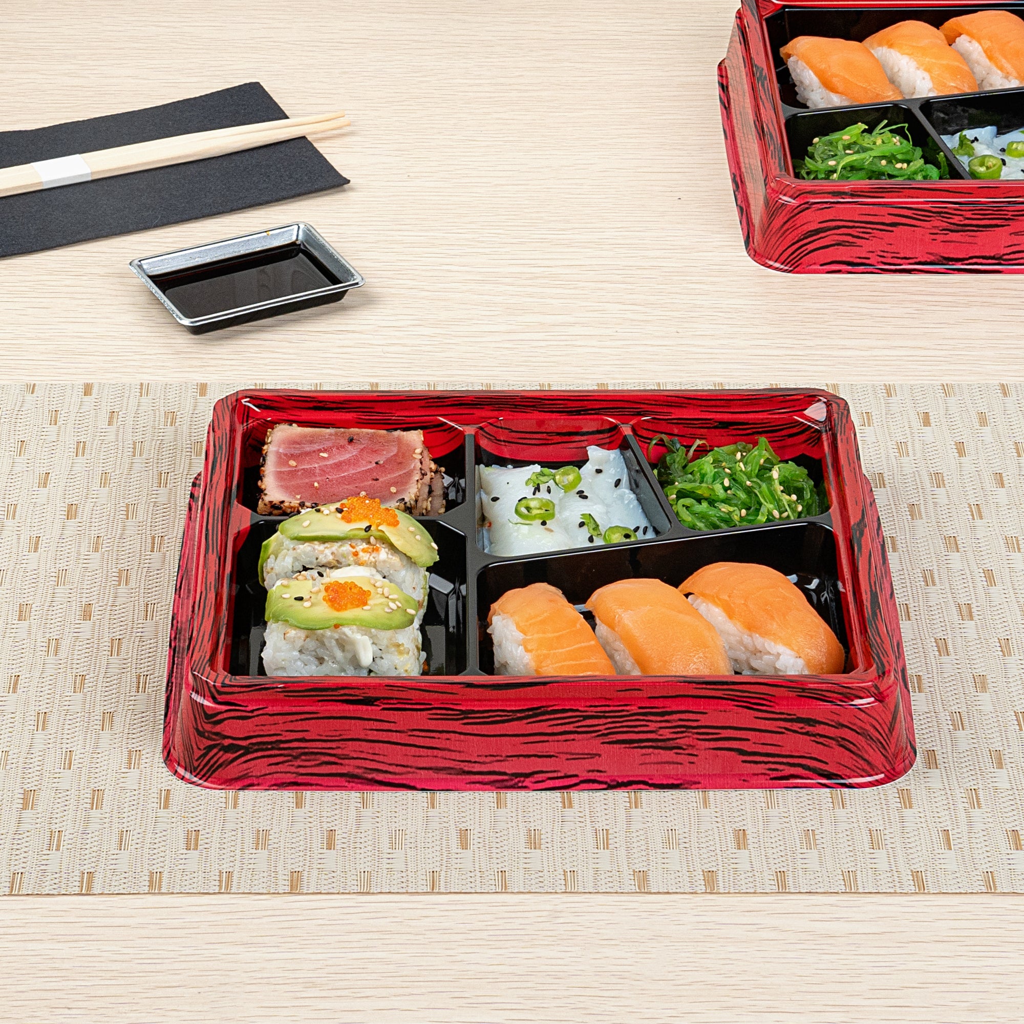Bento Tek 18 oz Rectangle Red and Black Plastic Bento Box - 5 Compartments - 9 1/4" x 7 3/4" x 1 1/4" - 50 count box