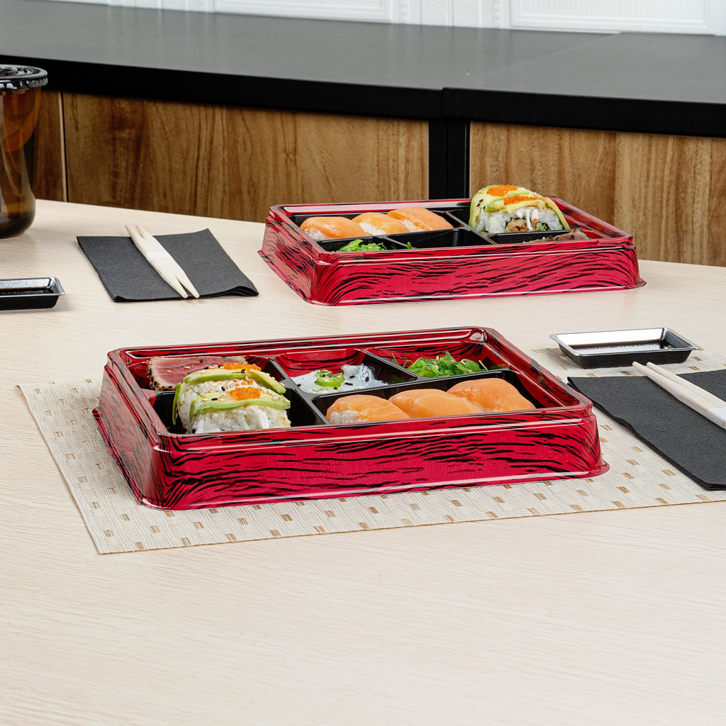 Bento Tek 18 oz Rectangle Red and Black Plastic Bento Box - 5 Compartments - 9 1/4" x 7 3/4" x 1 1/4" - 50 count box