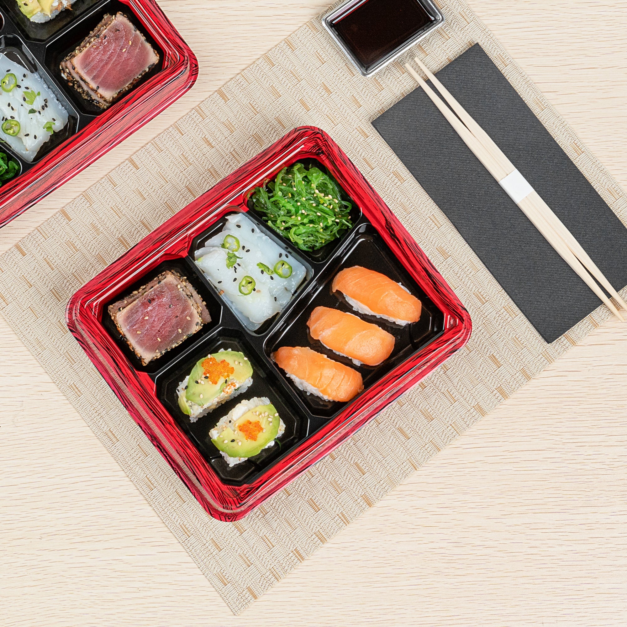 Bento Tek 18 oz Rectangle Red and Black Plastic Bento Box - 5 Compartments - 9 1/4" x 7 3/4" x 1 1/4" - 50 count box