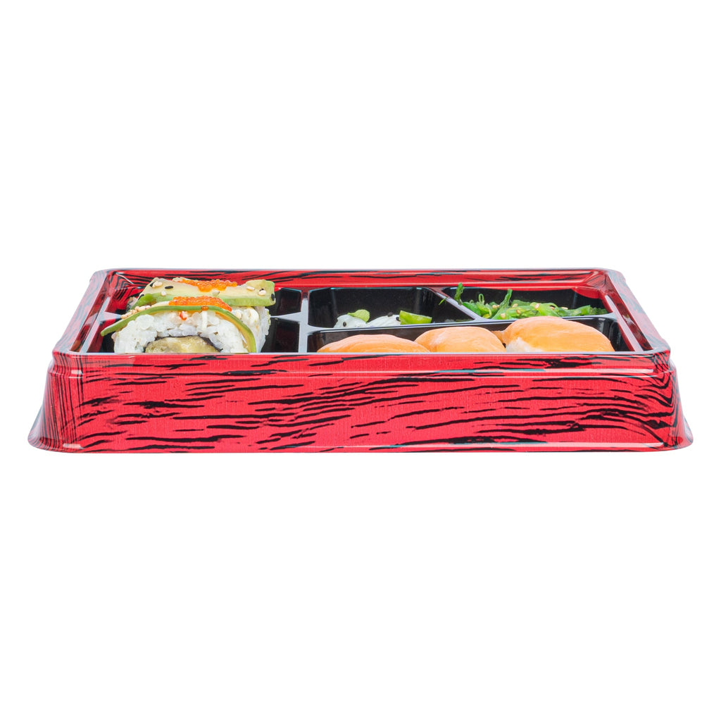 Bento Tek 18 oz Rectangle Red and Black Plastic Bento Box - 5 Compartments - 9 1/4" x 7 3/4" x 1 1/4" - 100 count box