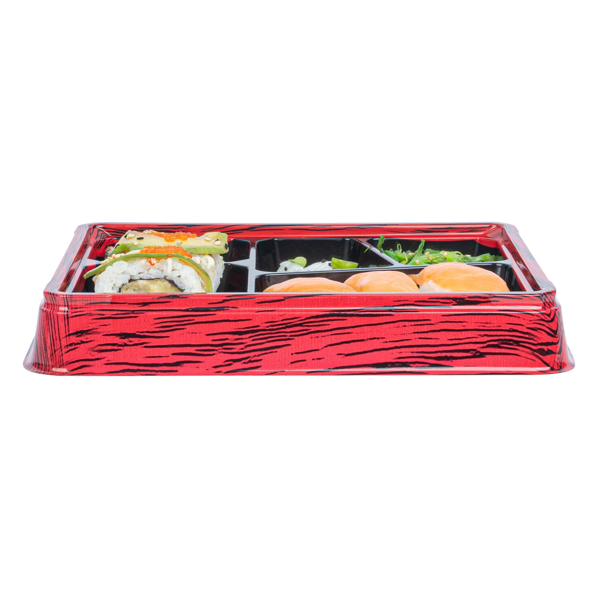 Bento Tek 18 oz Rectangle Red and Black Plastic Bento Box - 5 Compartments - 9 1/4" x 7 3/4" x 1 1/4" - 100 count box