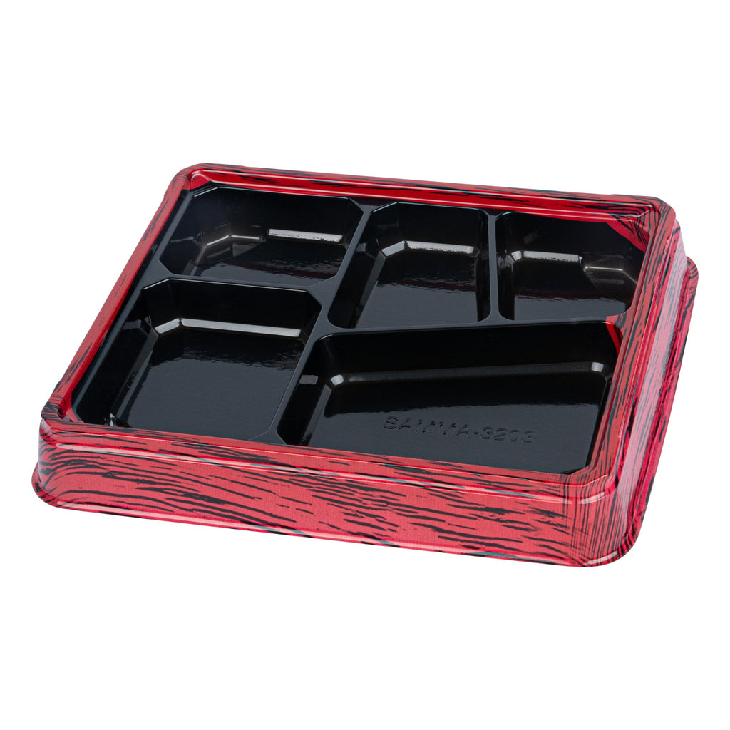 Bento Tek 18 oz Rectangle Red and Black Plastic Bento Box - 5 Compartments - 9 1/4" x 7 3/4" x 1 1/4" - 100 count box
