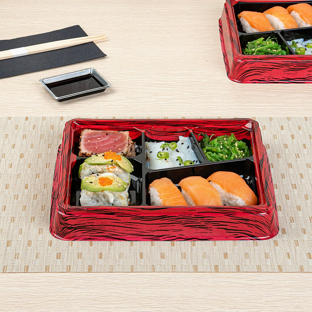Bento Tek 18 oz Rectangle Red and Black Plastic Bento Box - 5 Compartments - 9 1/4" x 7 3/4" x 1 1/4" - 100 count box