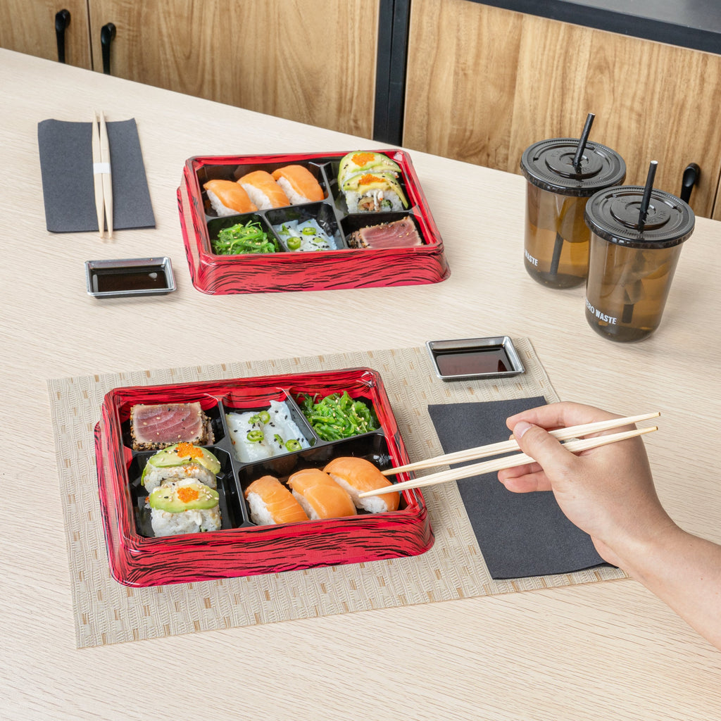 Bento Tek 18 oz Rectangle Red and Black Plastic Bento Box - 5 Compartments - 9 1/4" x 7 3/4" x 1 1/4" - 100 count box