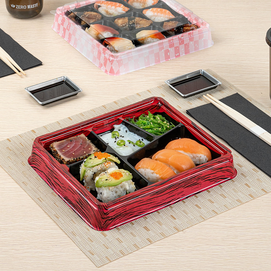 Bento Tek 18 oz Rectangle Red and Black Plastic Bento Box - 5 Compartments - 9 1/4" x 7 3/4" x 1 1/4" - 100 count box