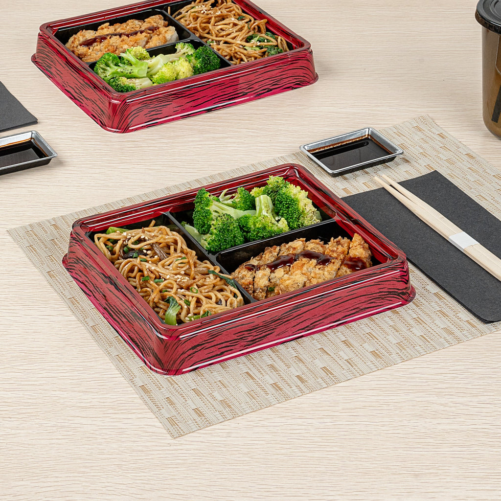 Bento Tek 16 oz Rectangle Red and Black Plastic Bento Box - 3 Compartments - 8 3/4" x 7 1/2" x 1 1/4" - 100 count box