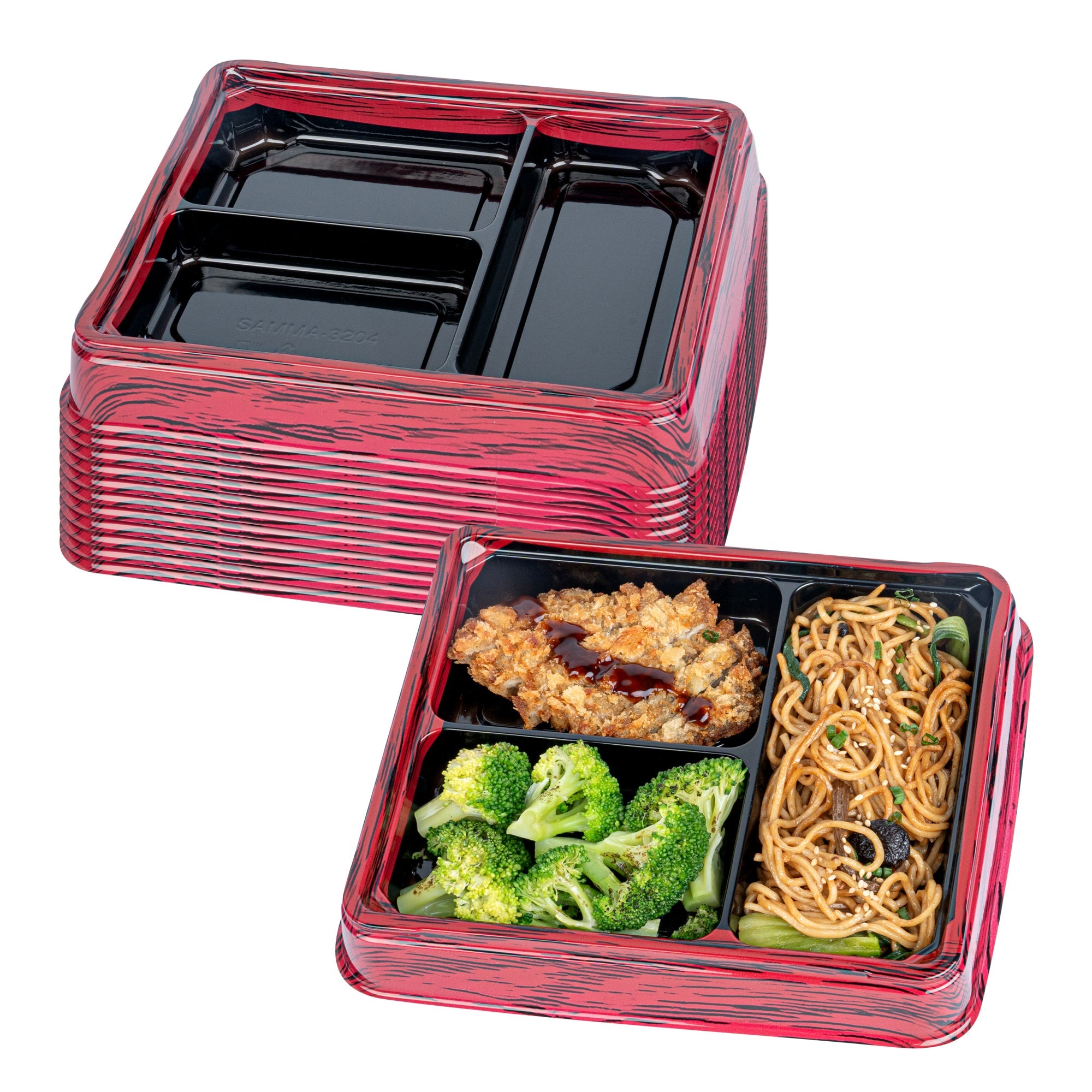 Bento Tek 16 oz Rectangle Red and Black Plastic Bento Box - 3 Compartments - 8 3/4" x 7 1/2" x 1 1/4" - 50 count box