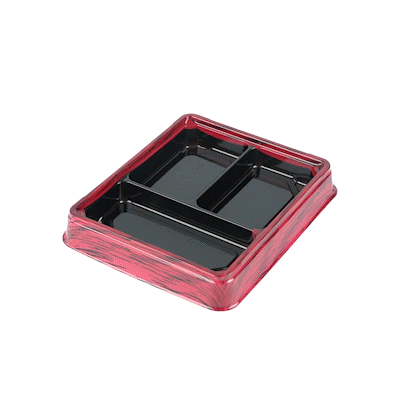 Bento Tek 16 oz Rectangle Red and Black Plastic Bento Box - 3 Compartments - 8 3/4" x 7 1/2" x 1 1/4" - 50 count box