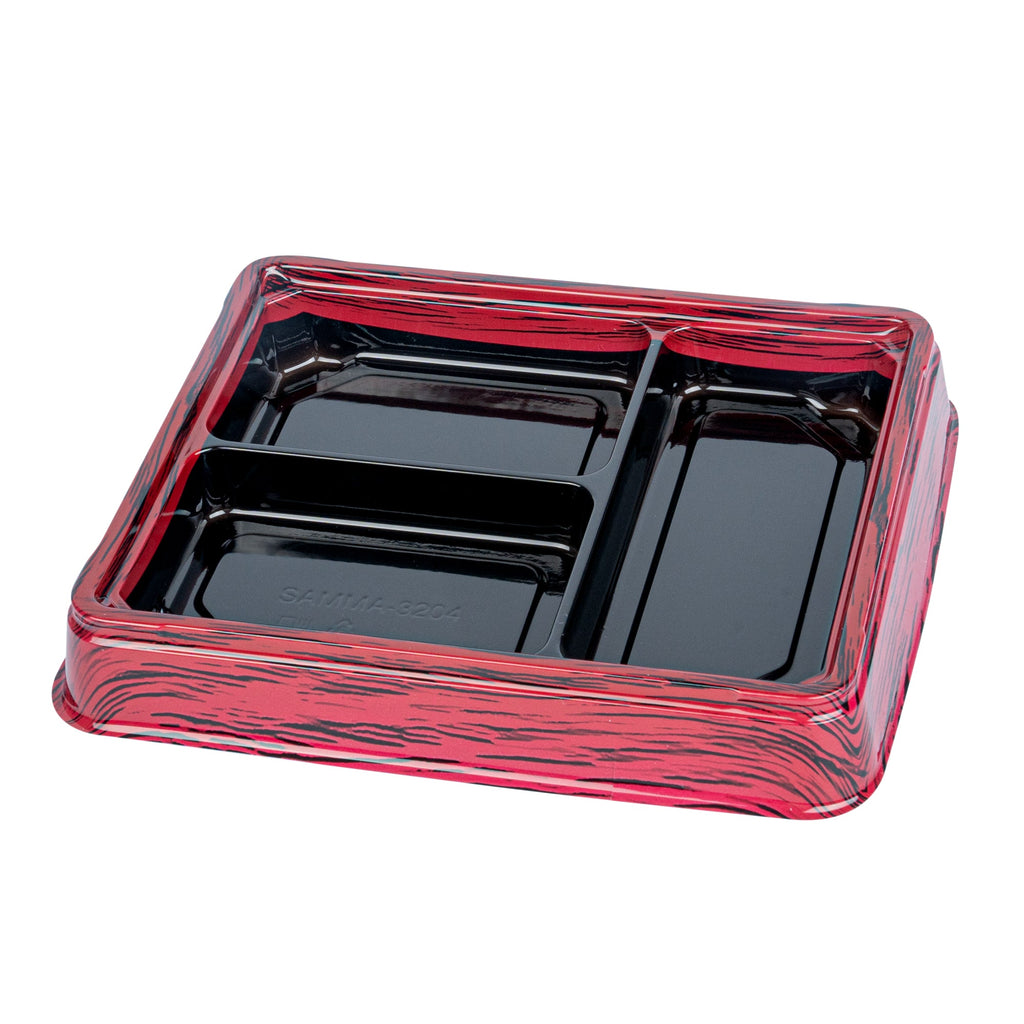 Bento Tek 16 oz Rectangle Red and Black Plastic Bento Box - 3 Compartments - 8 3/4" x 7 1/2" x 1 1/4" - 50 count box