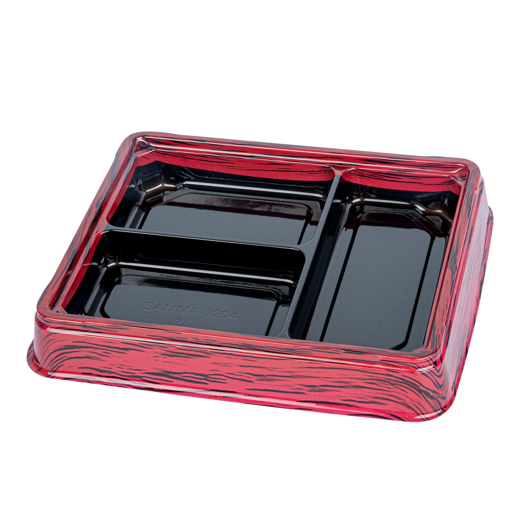 Bento Tek 16 oz Rectangle Red and Black Plastic Bento Box - 3 Compartments - 8 3/4" x 7 1/2" x 1 1/4" - 50 count box