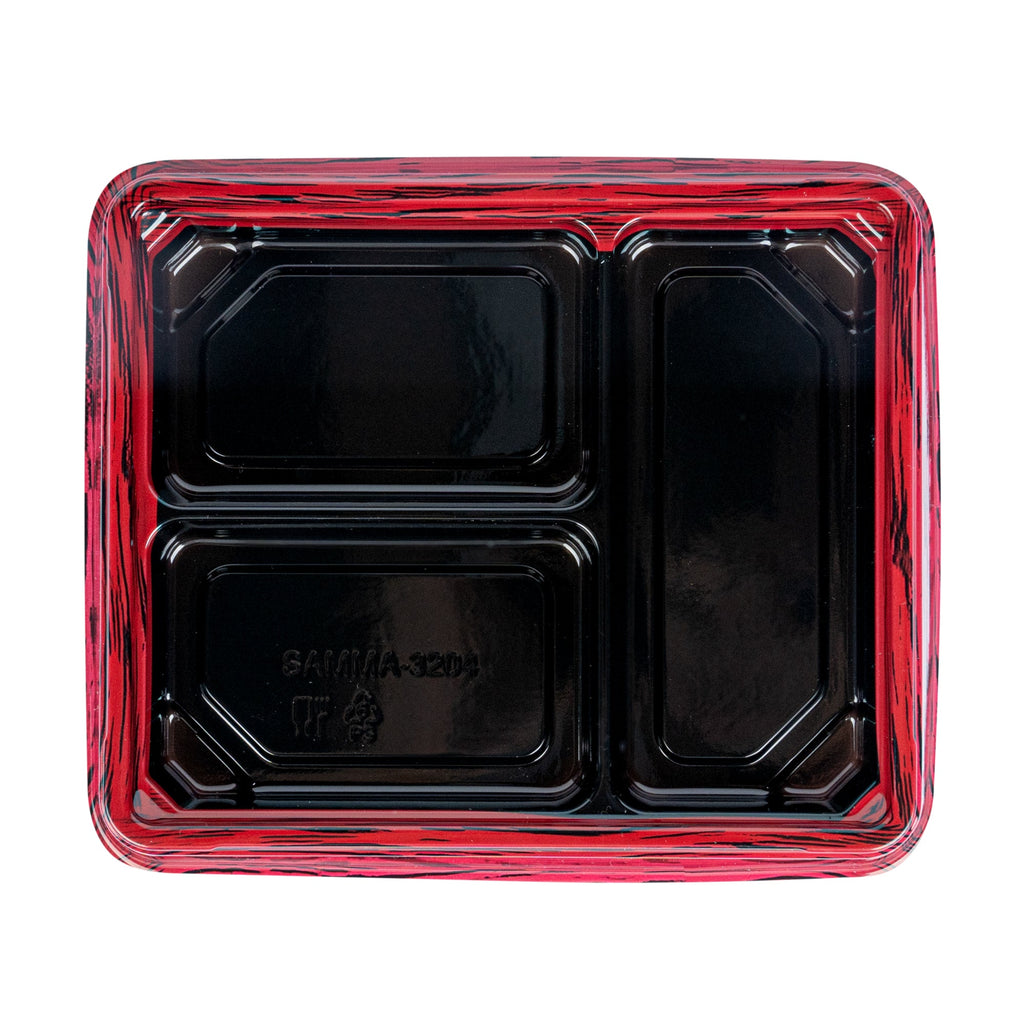 Bento Tek 16 oz Rectangle Red and Black Plastic Bento Box - 3 Compartments - 8 3/4" x 7 1/2" x 1 1/4" - 50 count box