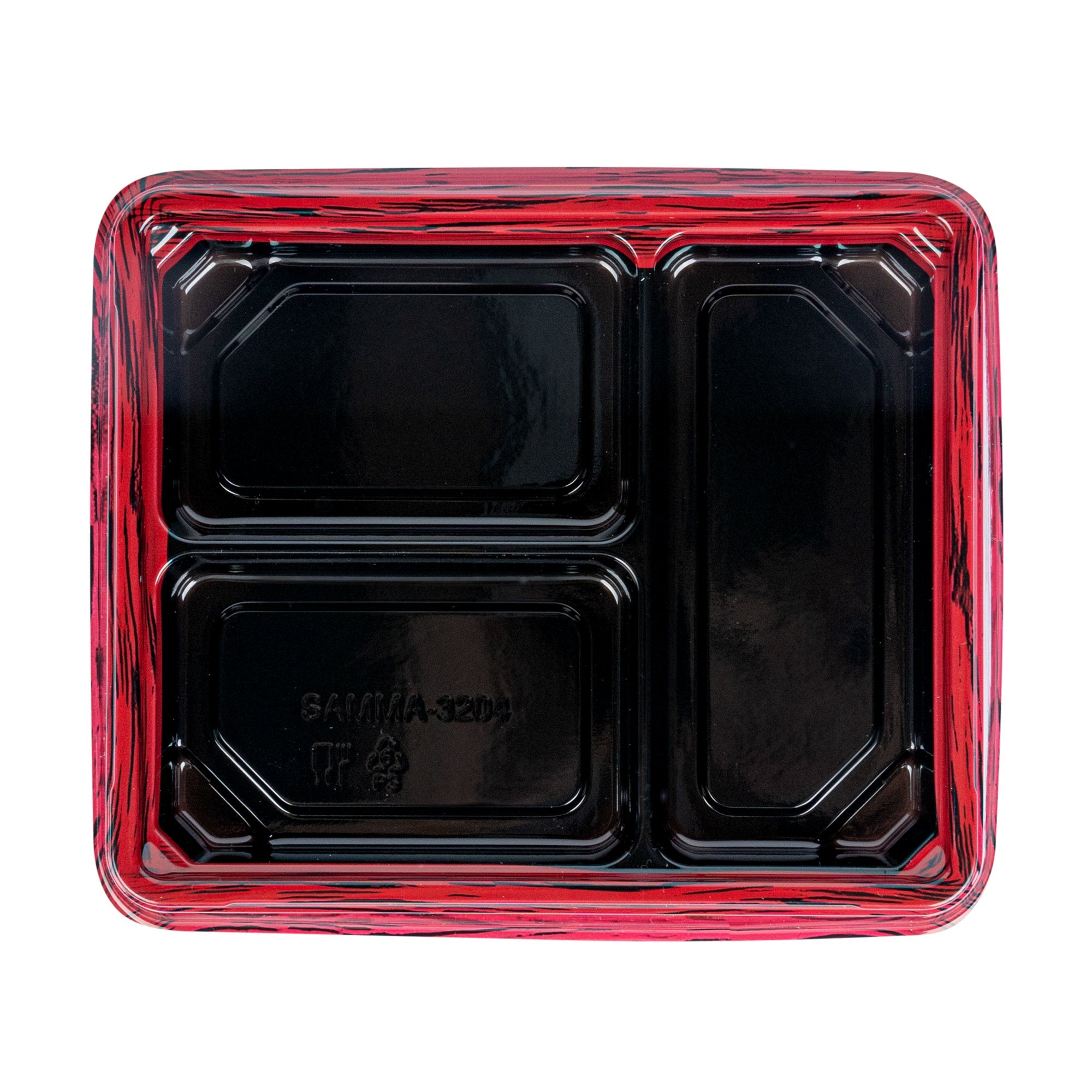 Bento Tek 16 oz Rectangle Red and Black Plastic Bento Box - 3 Compartments - 8 3/4" x 7 1/2" x 1 1/4" - 50 count box