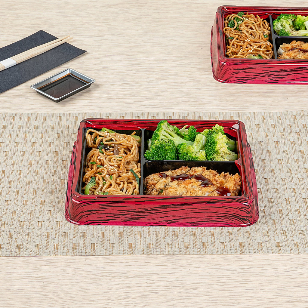 Bento Tek 16 oz Rectangle Red and Black Plastic Bento Box - 3 Compartments - 8 3/4" x 7 1/2" x 1 1/4" - 50 count box