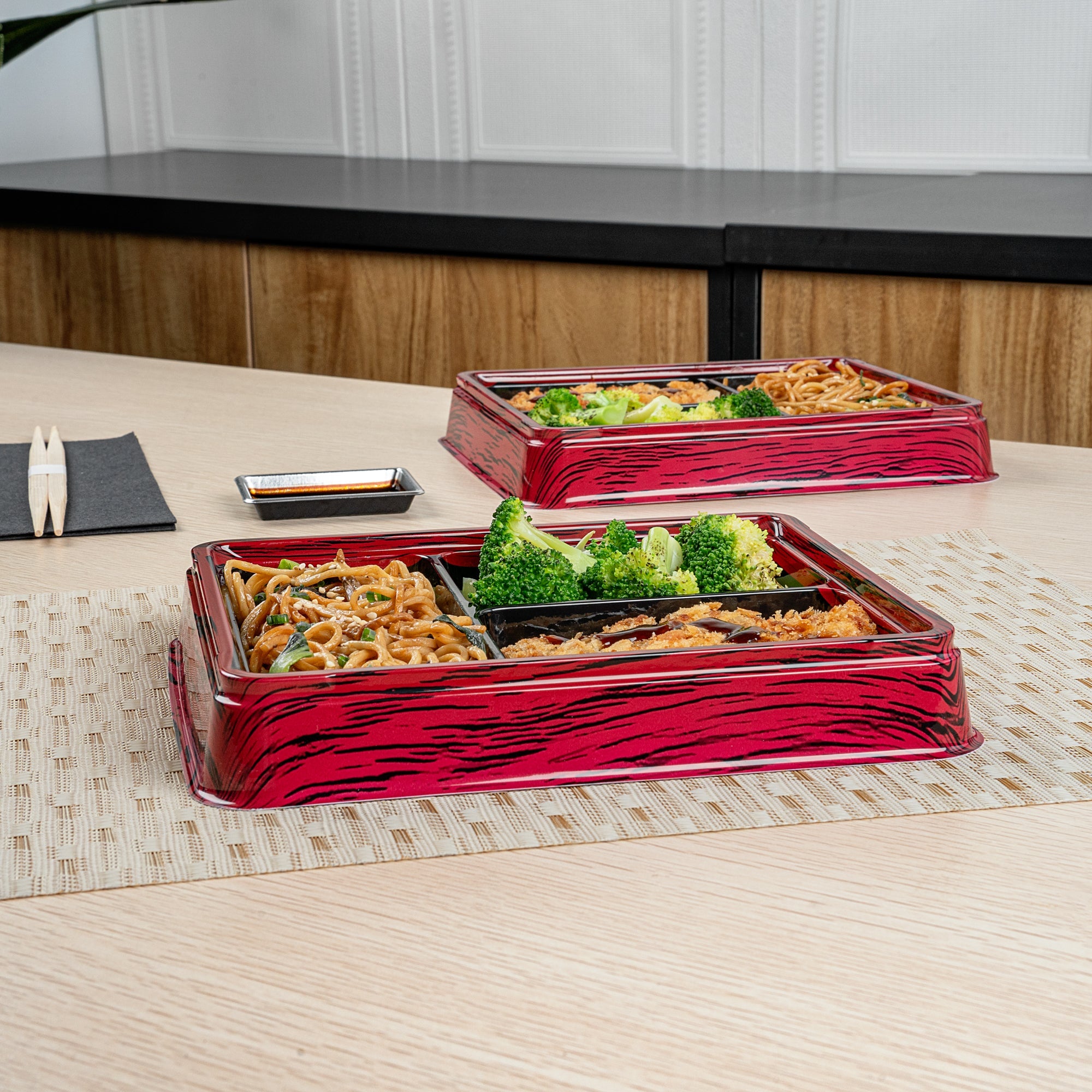 Bento Tek 16 oz Rectangle Red and Black Plastic Bento Box - 3 Compartments - 8 3/4" x 7 1/2" x 1 1/4" - 50 count box