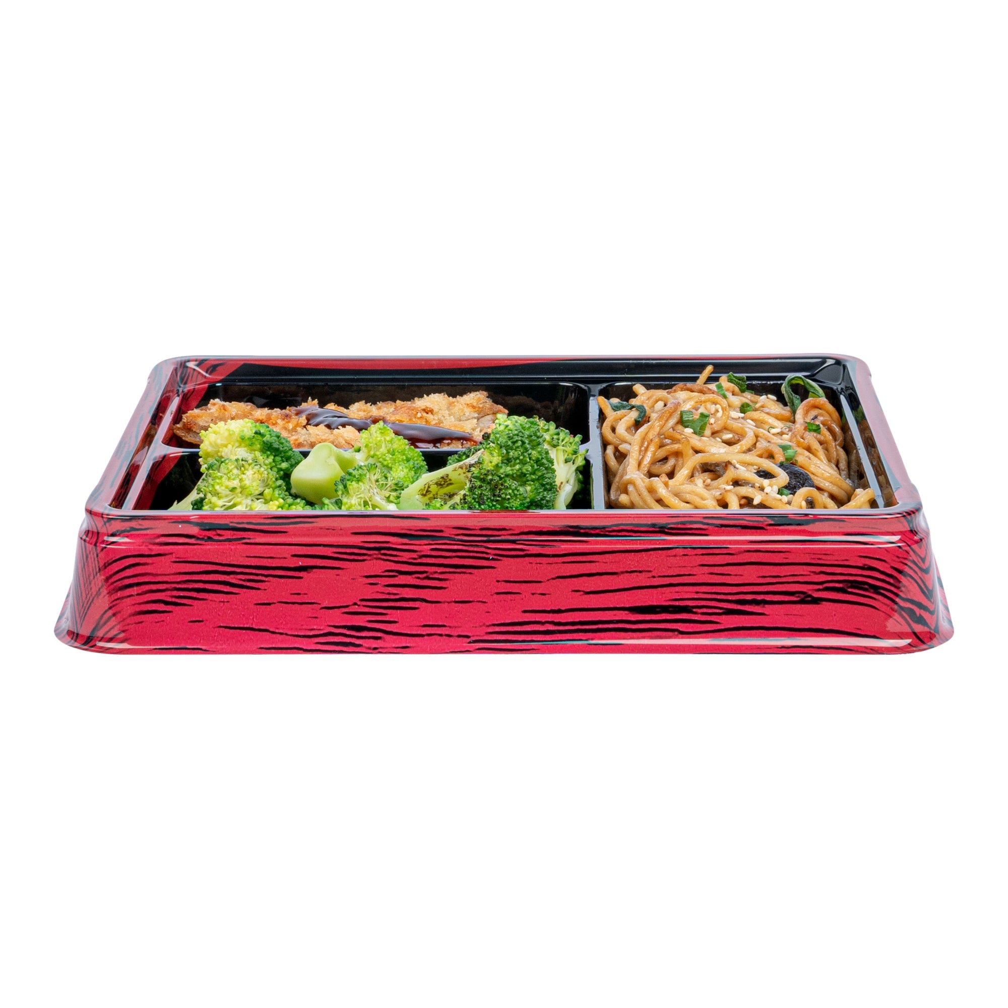 Bento Tek 16 oz Rectangle Red and Black Plastic Bento Box - 3 Compartments - 8 3/4" x 7 1/2" x 1 1/4" - 100 count box