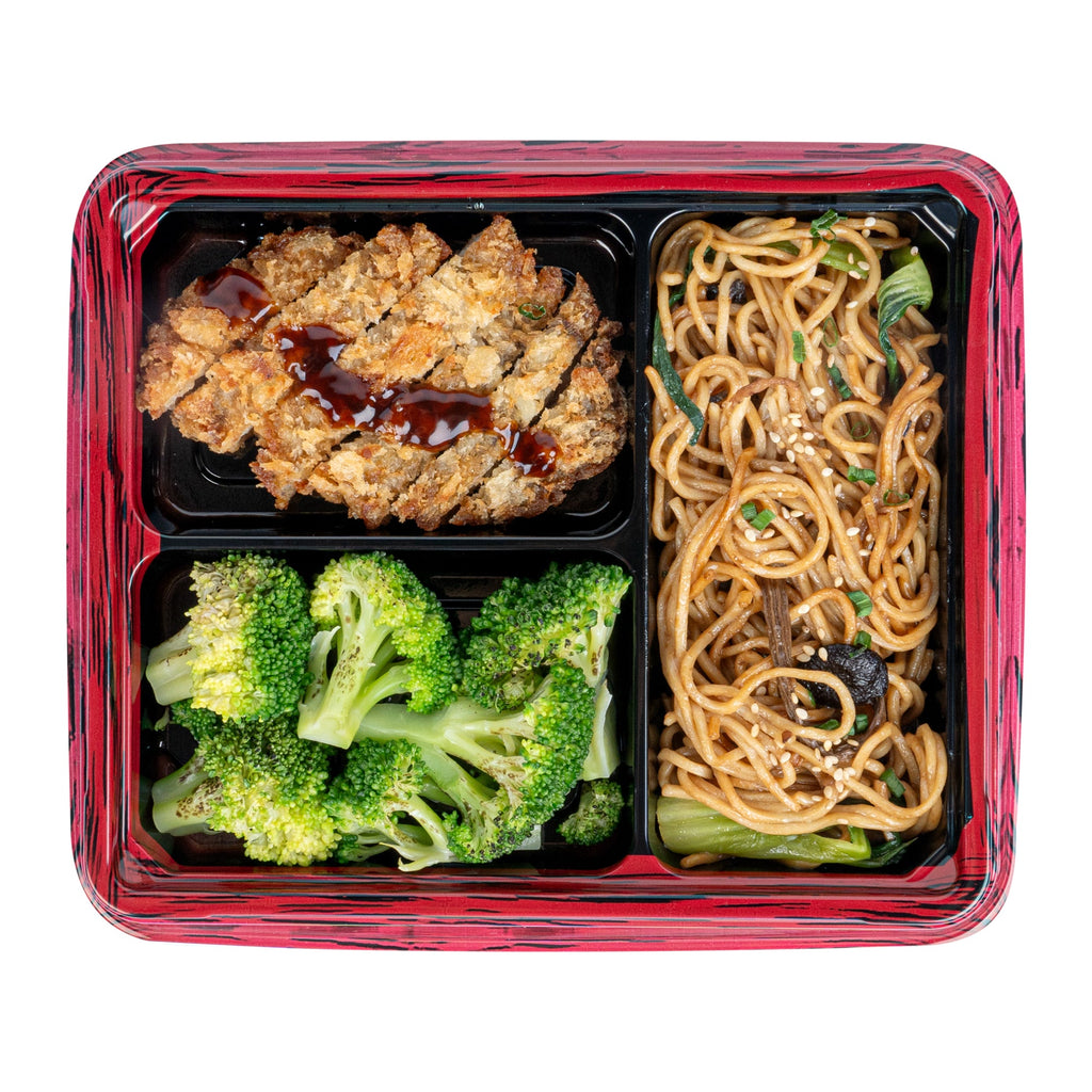 Bento Tek 16 oz Rectangle Red and Black Plastic Bento Box - 3 Compartments - 8 3/4" x 7 1/2" x 1 1/4" - 100 count box