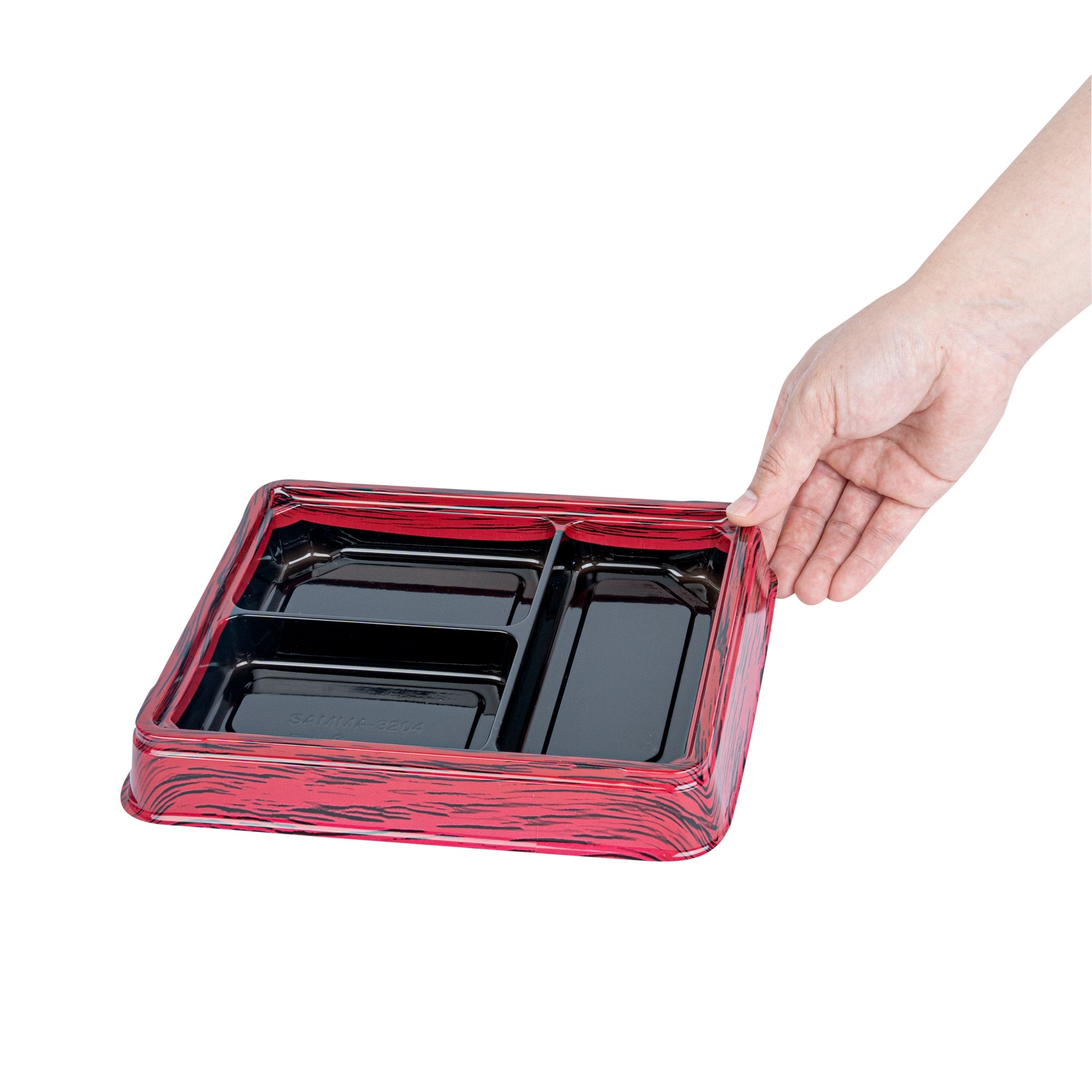 Bento Tek 16 oz Rectangle Red and Black Plastic Bento Box - 3 Compartments - 8 3/4" x 7 1/2" x 1 1/4" - 100 count box