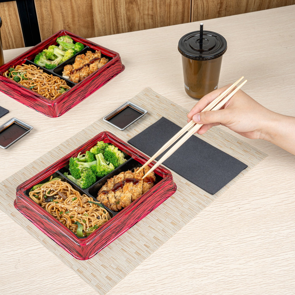 Bento Tek 16 oz Rectangle Red and Black Plastic Bento Box - 3 Compartments - 8 3/4" x 7 1/2" x 1 1/4" - 100 count box