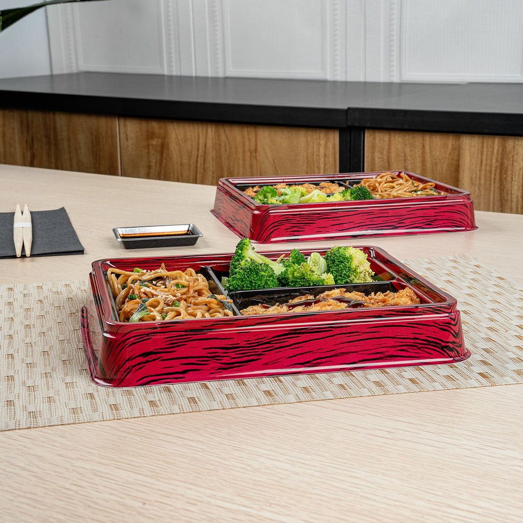 Bento Tek 16 oz Rectangle Red and Black Plastic Bento Box - 3 Compartments - 8 3/4" x 7 1/2" x 1 1/4" - 100 count box