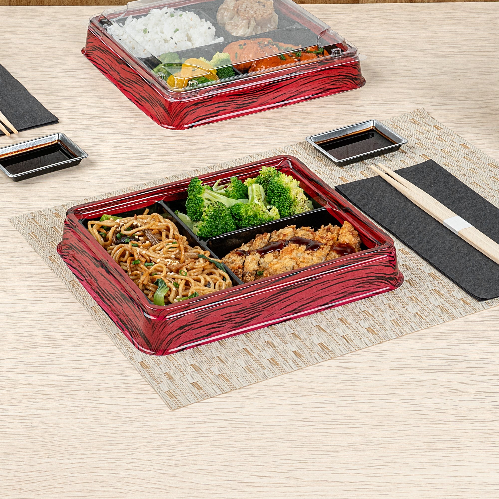 Bento Tek 16 oz Rectangle Red and Black Plastic Bento Box - 3 Compartments - 8 3/4" x 7 1/2" x 1 1/4" - 100 count box