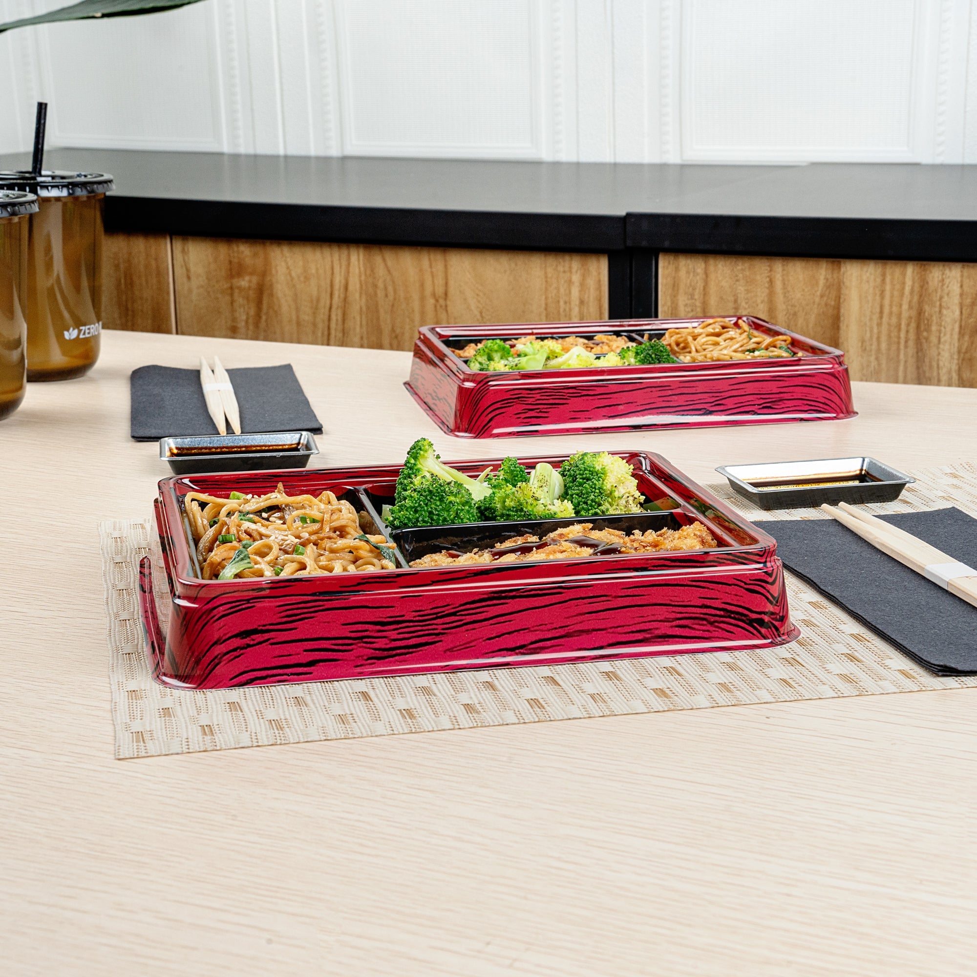 Bento Tek 16 oz Rectangle Red and Black Plastic Bento Box - 3 Compartments - 8 3/4" x 7 1/2" x 1 1/4" - 100 count box