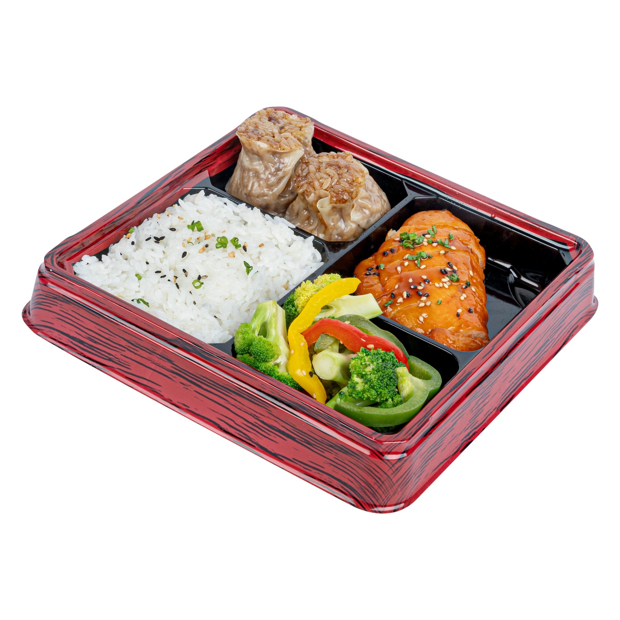 Bento Tek 18 oz Square Red and Black Plastic Bento Box - 4 Compartments - 8 1/2" x 8 1/2" x 1 1/4" - 50 count box