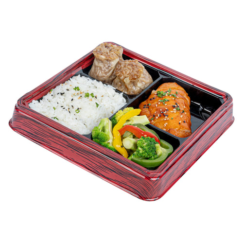 Bento Tek 18 oz Square Red and Black Plastic Bento Box - 4 Compartments - 8 1/2" x 8 1/2" x 1 1/4" - 50 count box