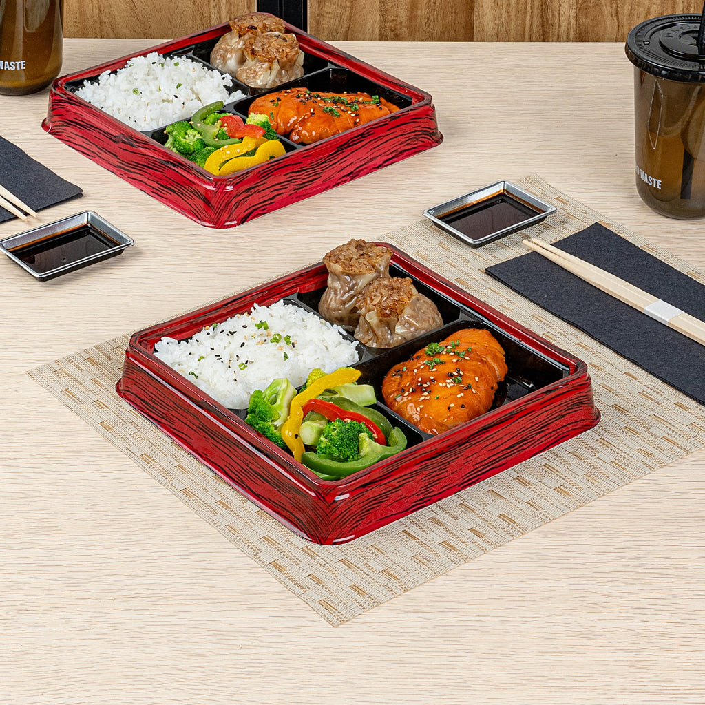 Bento Tek 18 oz Square Red and Black Plastic Bento Box - 4 Compartments - 8 1/2" x 8 1/2" x 1 1/4" - 50 count box