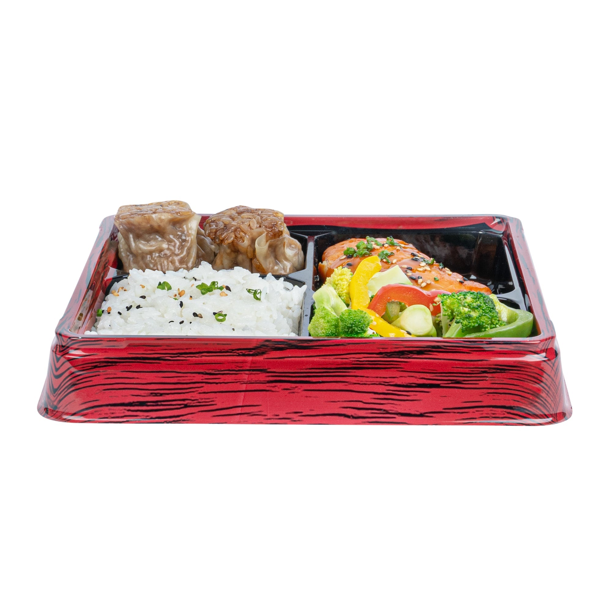 Bento Tek 18 oz Square Red and Black Plastic Bento Box - 4 Compartments - 8 1/2" x 8 1/2" x 1 1/4" - 50 count box